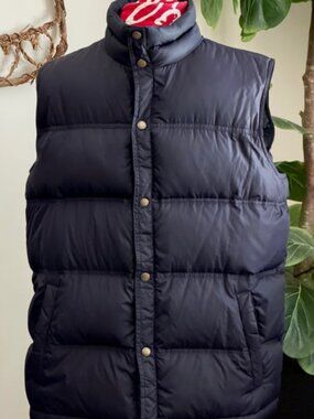 LANDS' END QUILTED DOWN PUFFER VEST DARK BLUE NYLON SNAP FRONT- UNISEX FIT LARGE